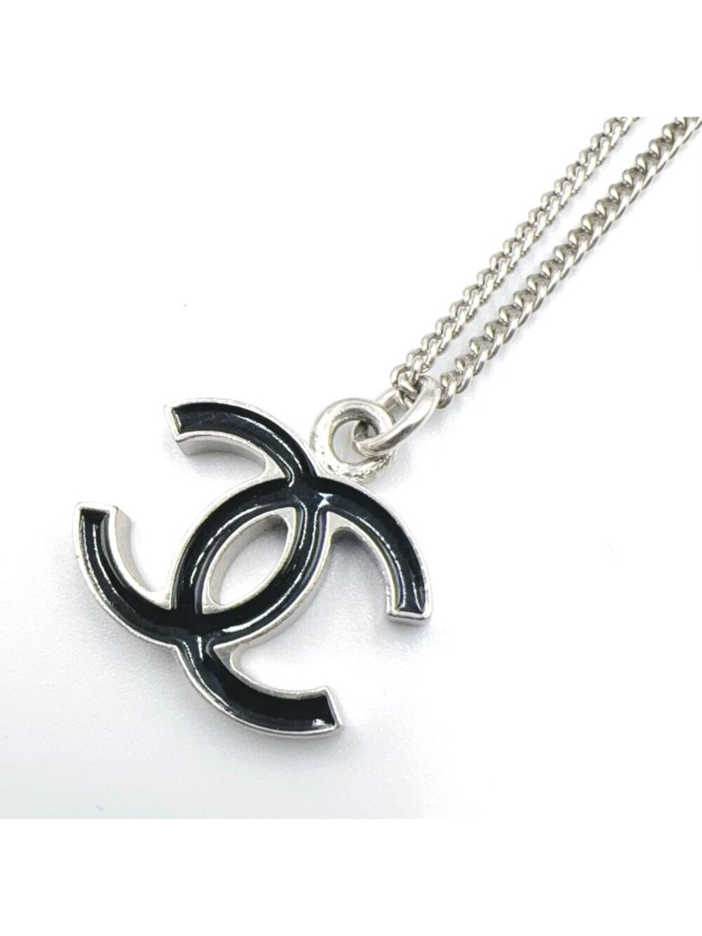 Chanel CC Logo Metal Enamel Silver Black Necklace